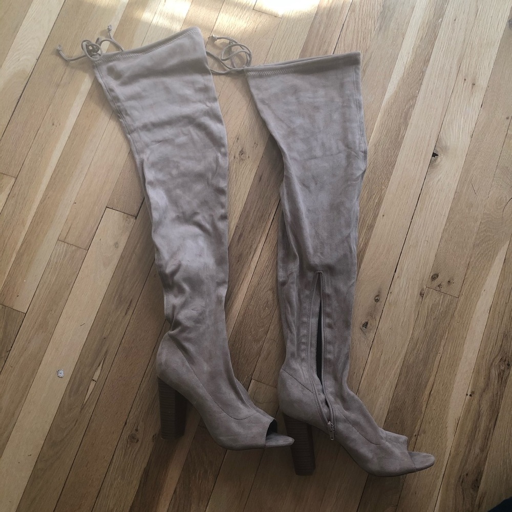 Tan Thigh high peep toe boots